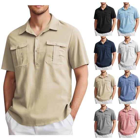 YODETEY Men's Short Sleeve Collared Henley Shirt with Pockets, Front Shirts for Summer,Big and Tall ,Size S-5XL