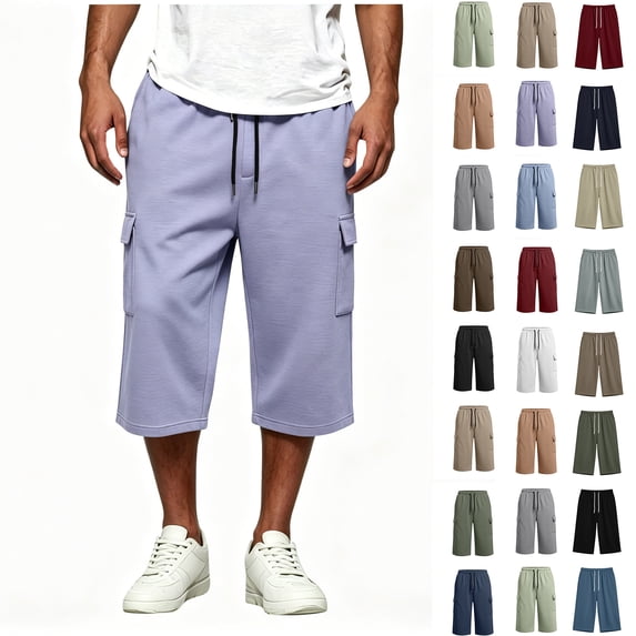 YODETEY Men's Solid Drawstring Capri Sweatpants with Pockets, Men’s Drawstring Elastic Waist Summer Casual Shorts,,Men’s & Big Men’s Purple,Size S-3XL