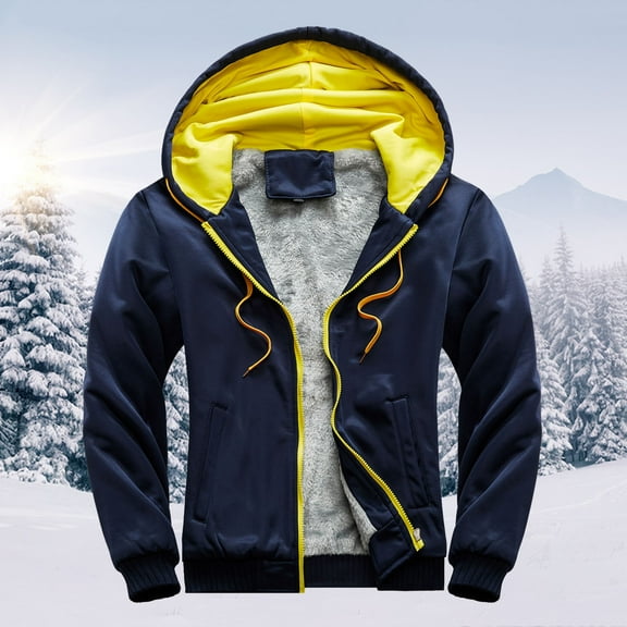 YODETEY Mens Hoodie Winter Warm Villus Zipper Sweater Jacket Outwear Coat Dark Blue L