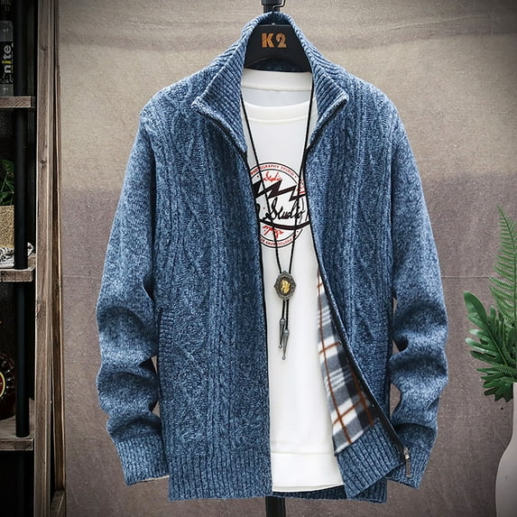 YODETEY Mens Zip Up Knitted Cardigan Thick Sweater Stand Collar Fleece Lined Warm Blue 14(XXXL)