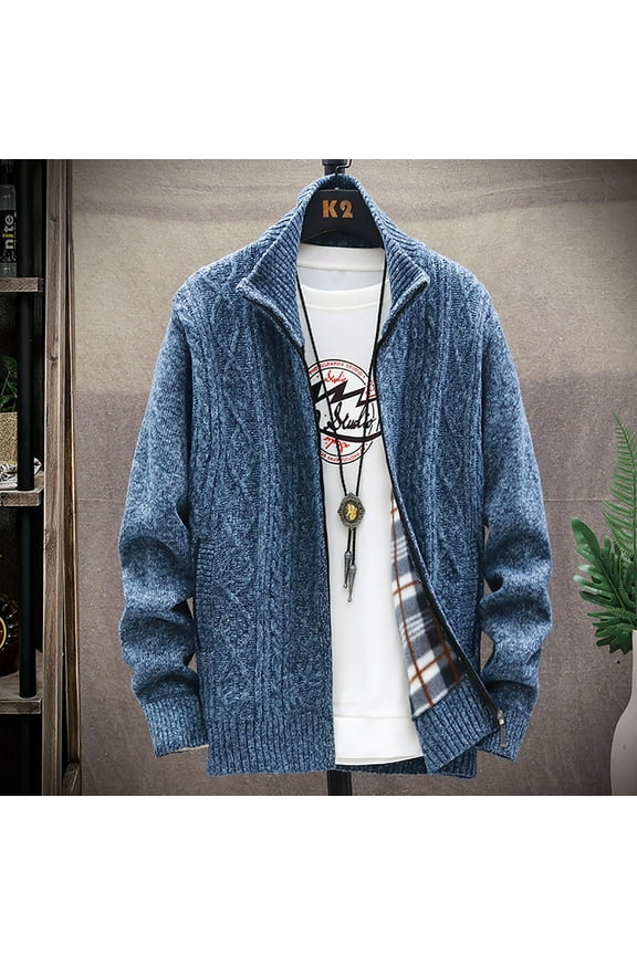 Mens Zip Up Knitted Cardigan Thick Sweater Stand Collar Fleece Lined Warm Blue 6(M)