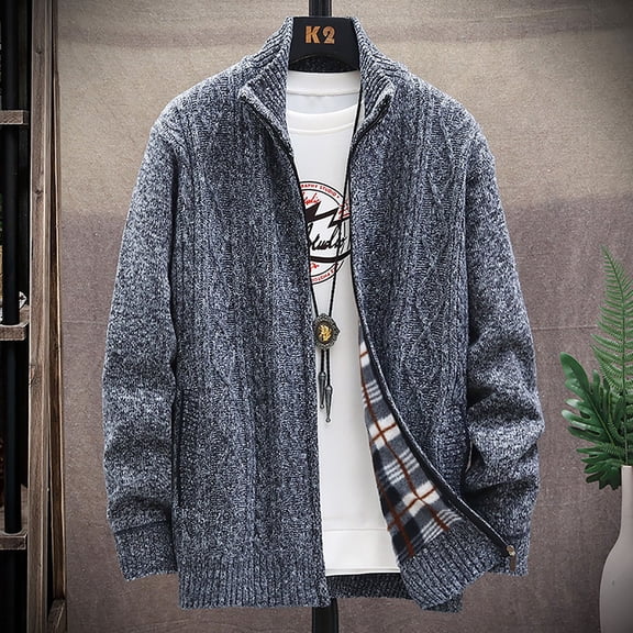 YODETEY Mens Zip Up Knitted Cardigan Thick Sweater Stand Collar Fleece Lined Warm Gray 10(XL)