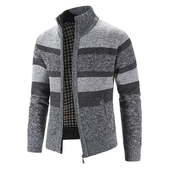 YODETEY Mens Zip Up Knitted Cardigan Thick Sweater Stand Collar Fleece Lined Warm Gray 12(XXL)