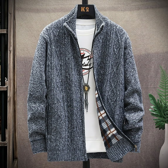 YODETEY Mens Zip Up Knitted Cardigan Thick Sweater Stand Collar Fleece Lined Warm Gray 12(XXL)