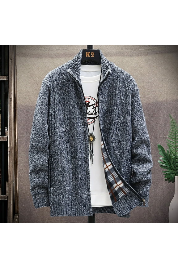 Mens Zip Up Knitted Cardigan Thick Sweater Stand Collar Fleece Lined Warm Gray 14(XXXL)