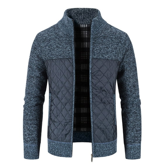 YODETEY Mens Zip Up Knitted Cardigan Thick Sweater Stand Collar Fleece Lined Warm Navy 6(M)