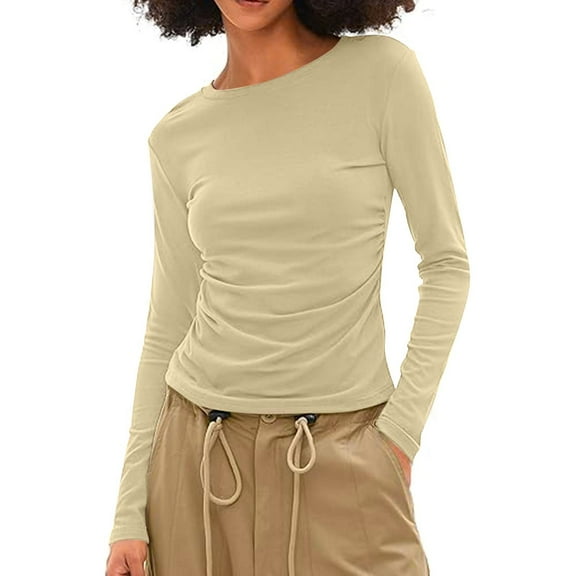 YODETEY No Boundaries Women Long Sleeve Tops, Y2K Slim Comfortable Lightweight Blouses, Crewneck Tees Fit Pullover T-shirt Tops, Khaki Women's Plus M