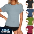 thumbnail image 1 of YODETEY Women's Crew Neck Tee with Short Sleeves, Classic Short Sleeve CrewNeck T-Shirt, Women's Plus Light Blue,Size L, 1 of 9
