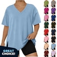 thumbnail image 1 of YODETEY Women’s Oversized V-Neck Short Sleeve Tunic Top, Stretchy Basis Loungewear T-shirts, Women's Plus Pink,Size XXXXL, 1 of 7