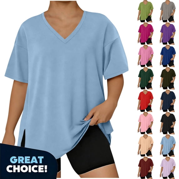 YODETEY Women’s Oversized V-Neck Short Sleeve Tunic Top, Stretchy Basis Loungewear T-shirts, Women's Plus Watermelon Red,Size L
