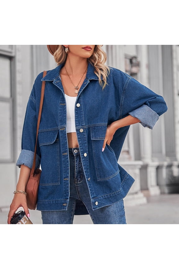 Women's Plus Fall Denim Jackets, Long Sleeve Boyfriend Jean with Pockets, Shacket Jacket for Women,Dark Blue,Women's Plus L