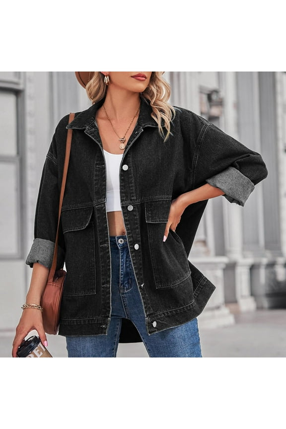 Women's Plus Fall Denim Jackets, Long Sleeve Boyfriend Jean with Pockets, Shacket Jacket for Women,Gray,Women's Plus M