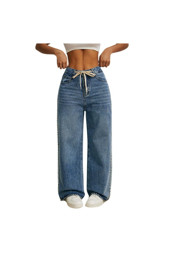 Women's Plus Wide Leg Jeans with Patch Pockets, Women Y2K Wide Leg Fit Denim Pants, Women's Blue Size, L