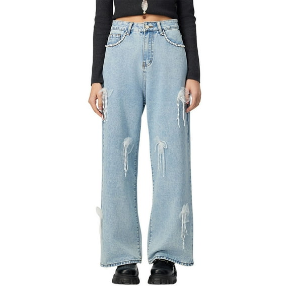 YODETEY Women's Plus Wide Leg Jeans with Patch Pockets, Women Y2K Wide Leg Fit Denim Pants, Women's Light Blue Size, L