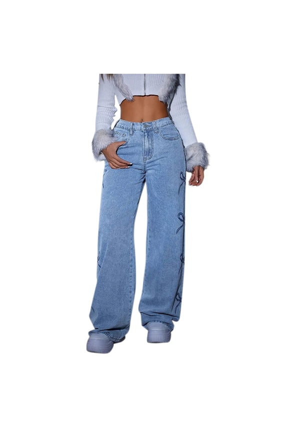 Women's Plus Wide Leg Jeans with Patch Pockets, Women Y2K Wide Leg Fit Denim Pants, Women's Light Blue Size, XL