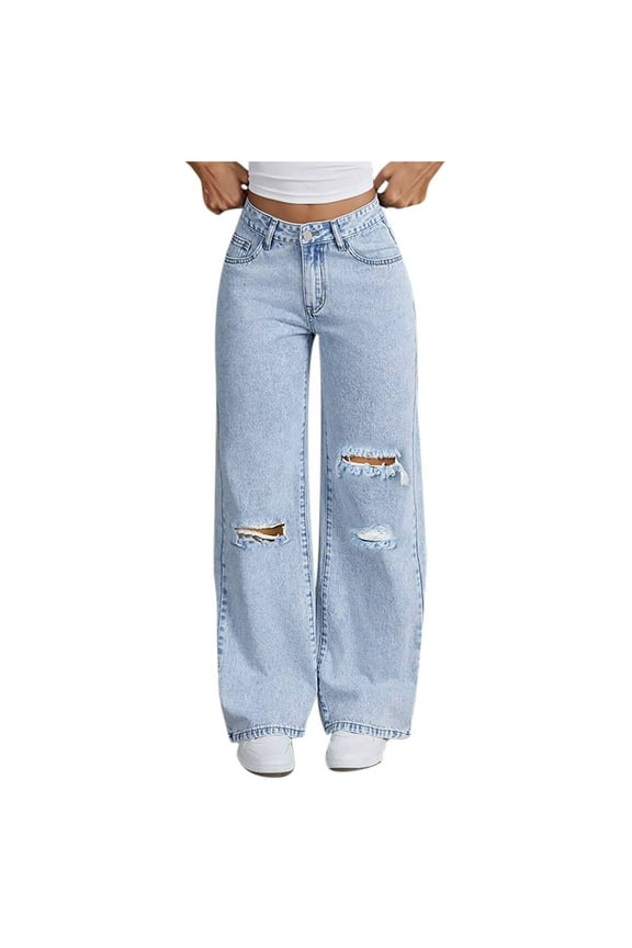 Women's Plus Wide Leg Jeans with Patch Pockets, Women Y2K Wide Leg Fit Denim Pants, Women's Light Blue Size, XS
