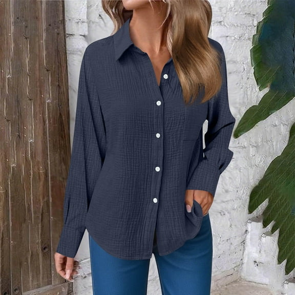 YODETEY No Boundaries Womens Button Down Shirt, Linen Long Sleeve Pleated Blouses Dressy Casual Collared Tops, Navy,Women's Plus XL