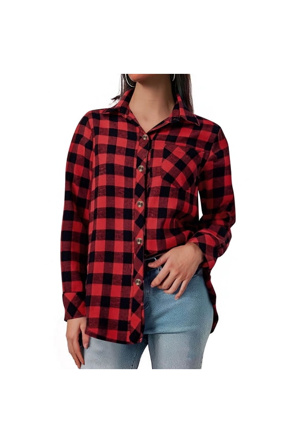 Womens Fleece Shirt with Pockets, Long Sleeve Plaid Flannel Shirts for Women, New Red Women's Plus L