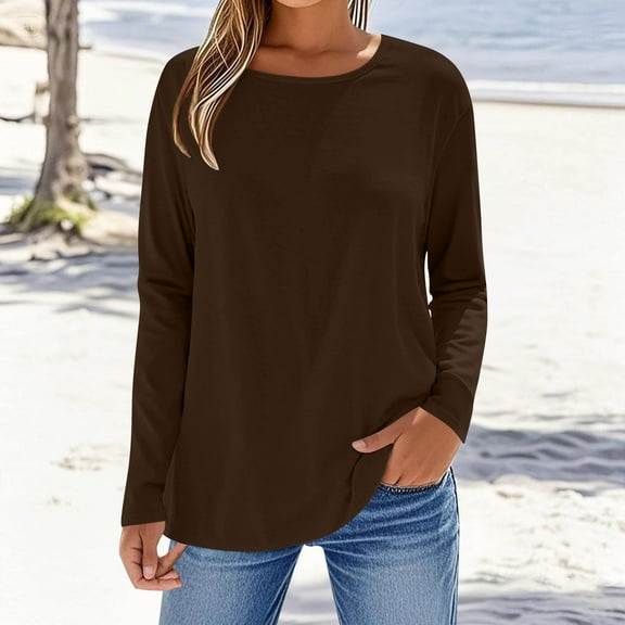 YODETEY Womens Long Sleeve T Shirt, Tops under $10, Basis Classic-Fit Long-Sleeve Crewneck T-Shirt，Brown,Women's Plus S