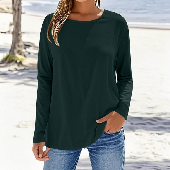 YODETEY Womens Long Sleeve T Shirt, Tops under $10, Basis Classic-Fit Long-Sleeve Crewneck T-Shirt，Navy,Women's Plus M