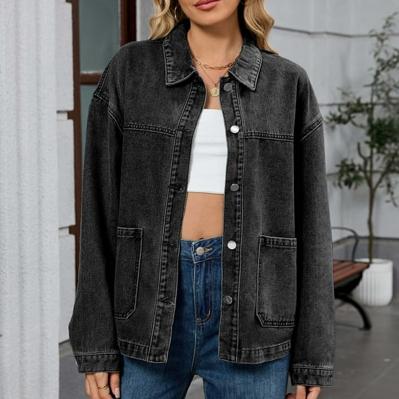 YODETEY No Bunderies Women's Jean Jacket, Women's Denim Jacket Frayed Washed Button Up Cropped Denim Jacket With Pockets, Black A Women's S