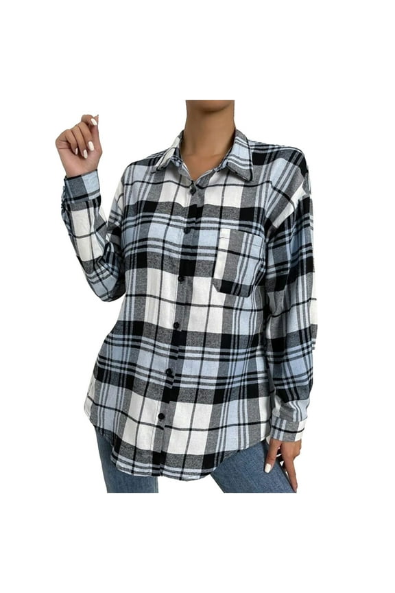Plaid Flannel Shackets for Women, Long Sleeve Button Down Chest Pocketed Shirts Jacket Coats, Light Blue Women's XXL