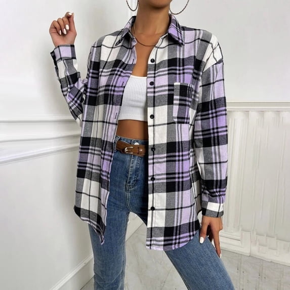 YODETEY Plaid Flannel Shackets for Women, Long Sleeve Button Down Chest Pocketed Shirts Jacket Coats, Purple A Women's S
