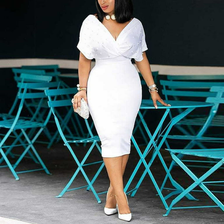 YODETEY Plus Size Dress 2023 Women Color Tube V Neck Half Sleeve Back Zipper Dress White