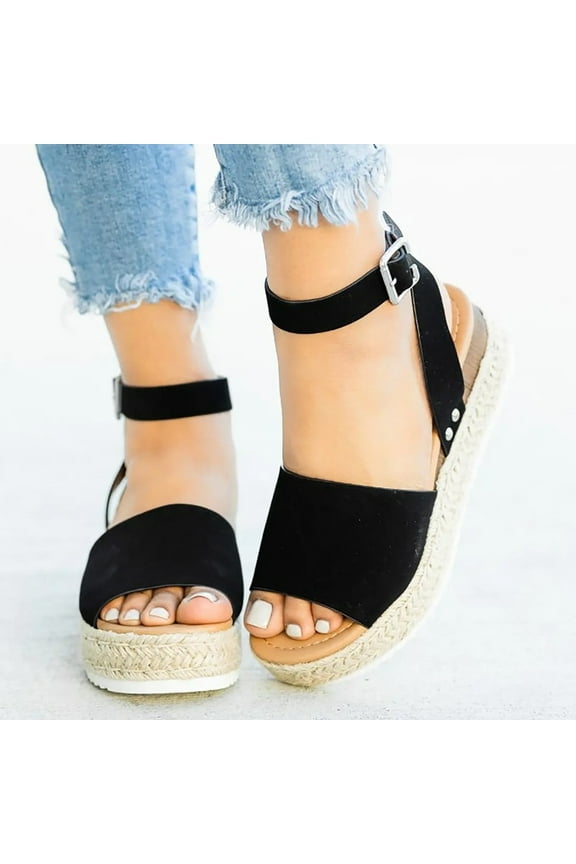 HWRETIE Sandals for Women Woman Summer Sandals Open Toe Casual Platform Wedge Shoes Casual Canvas Shoes Black 7.5