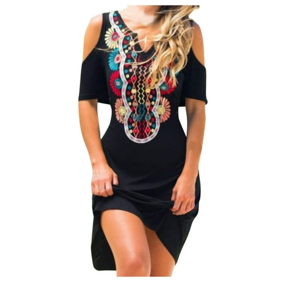 YODETEY Summer Dresses for Women Lady Casual Short Sleeve V-Neck Dew Shoulder Flowers Print A-Line Dresses