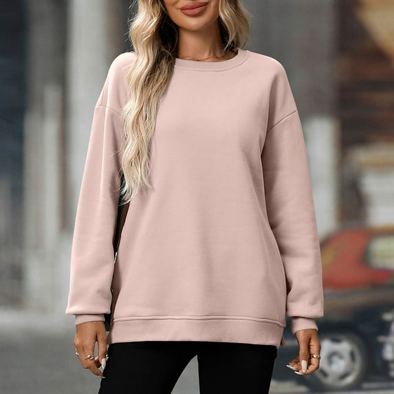 YODETEY Sweatshirts for Women, Crewneck Long Sleeve Oversized Pullover Tops, Fleece Sweatshirt Trendy Pullover Sweaters, Pink,Women's Plus S