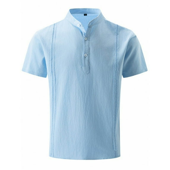Tops for Men Plus Size Cotton Linen Short Sleeve Lapel Button Fallow T-Shirt Light Blue XL