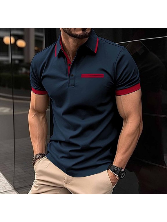 Tops for Men Plus Size Short Sleeve Button Blouses Turndown Collar Flip Collar Mock Pocket Breathable Tops Navy XL