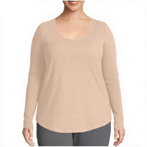 YODETEY Tops for Women, Round-Neck Long Sleeve Shirts, Loose Pullover T-shirt Tops, Beige Women's Plus XL