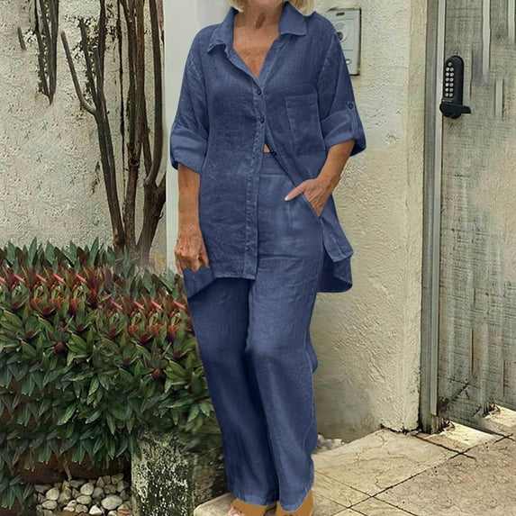 YODETEY Trendy Plus Size Women's Fashion Set - 2-Piece Summer Suit with Long Sleeve Trousers in Pink