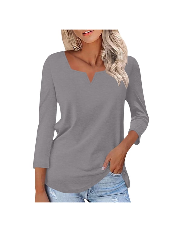 V-Neck Long Sleeve Shirts for Womens, Ladies 3/4 Sleeve Casual Long Sleeve Shirts Fall Tunic Tops, #Gray,Women's Plus XXL