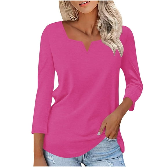 YODETEY V-Neck Long Sleeve Shirts for Womens, Ladies 3/4 Sleeve Casual Long Sleeve Shirts Fall Tunic Tops, #Hot Pink,Women's Plus M