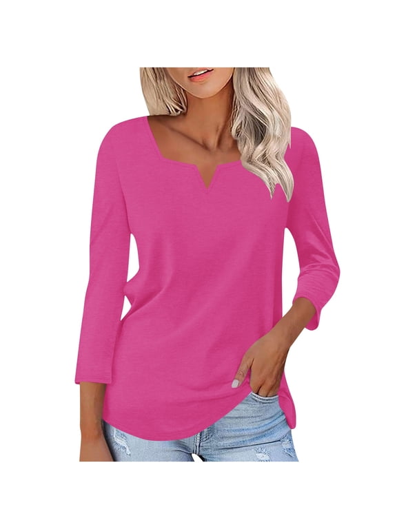 V-Neck Long Sleeve Shirts for Womens, Ladies 3/4 Sleeve Casual Long Sleeve Shirts Fall Tunic Tops, #Hot Pink,Women's Plus XXL