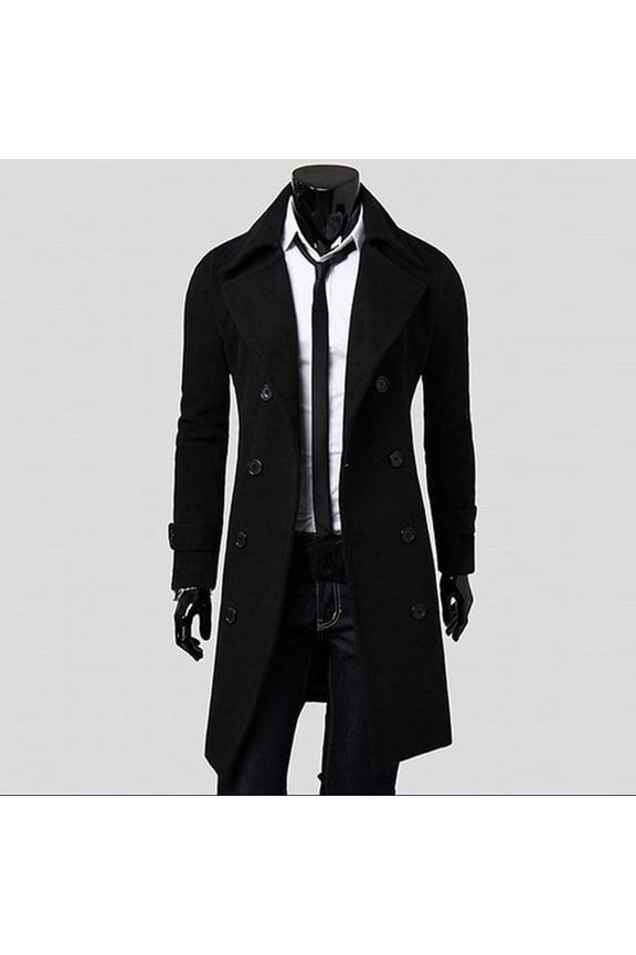 Winter Men Slim Stylish Trench Coat Double Breasted Long Jacket Coat Black 8(L)