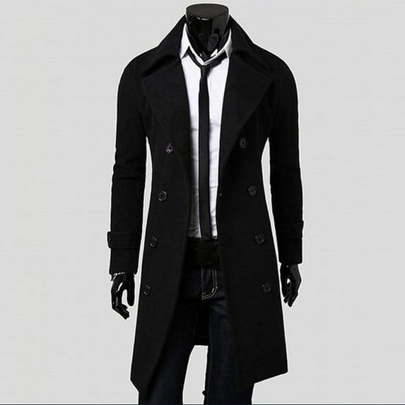 YODETEY Winter Men Slim Stylish Trench Coat Double Breasted Long Jacket Coat Black 8(L)