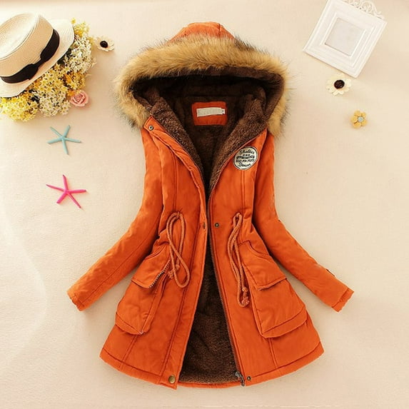 YODETEY Winter Womens Warm Coat Hooded Jacket Slim Winter Outwear Coats Orange L