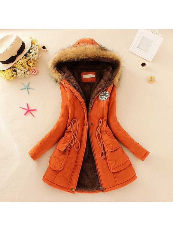 Winter Womens Warm Coat Hooded Jacket Slim Winter Outwear Coats Orange M