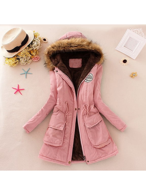 Winter Womens Warm Coat Hooded Jacket Slim Winter Outwear Coats Pink XXXL
