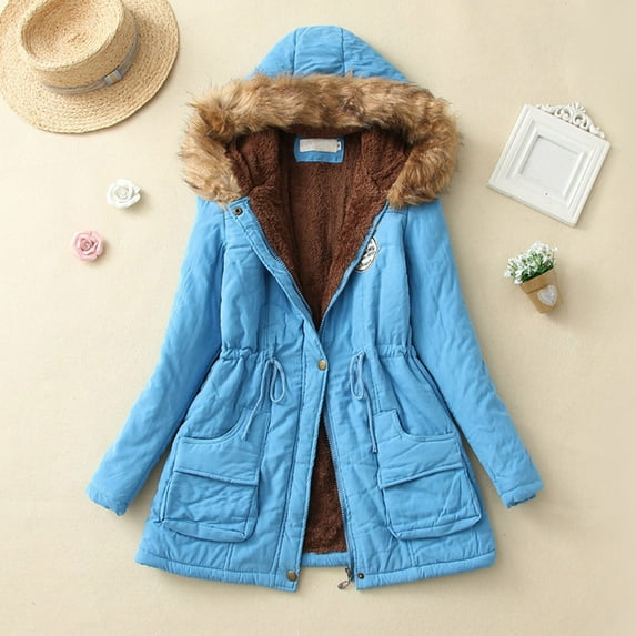YODETEY Winter Womens Warm Coat Hooded Jacket Slim Winter Outwear Coats Sky Blue XXXL