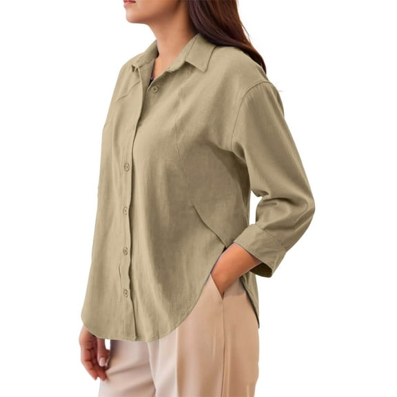 YODETEY Women Button-Up Dress Shirts, No Boundaries Wrinkle Free Long Sleeve Collared Shirts, Linen Shirts Button Down Dress for Women,Khaki,M