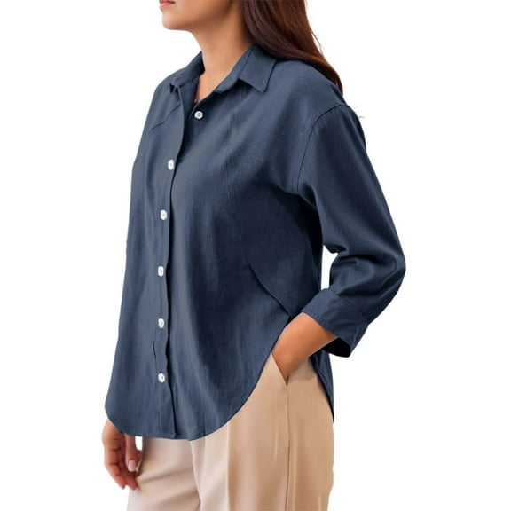 YODETEY Women Button-Up Dress Shirts, No Boundaries Wrinkle Free Long Sleeve Collared Shirts, Linen Shirts Button Down Dress for Women,Navy,XL