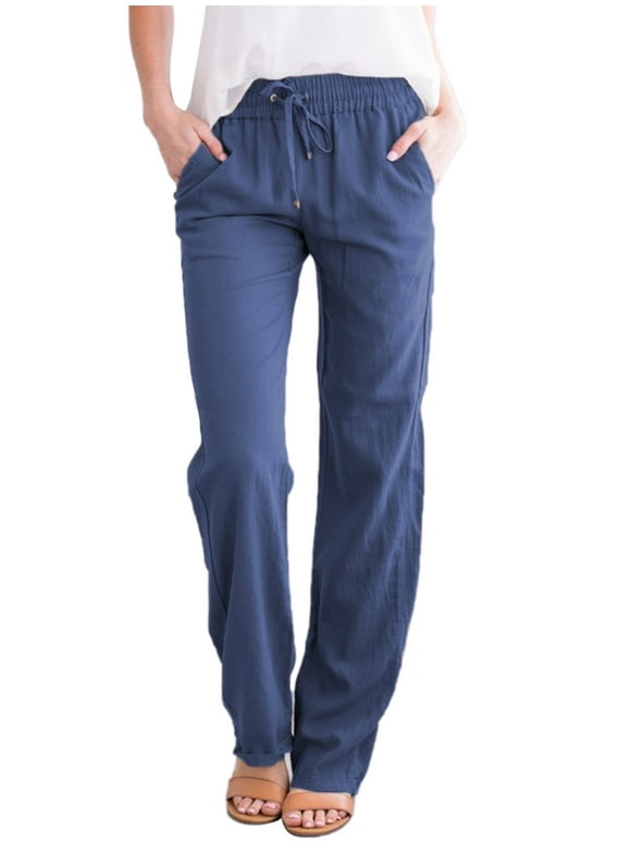 Women Casual Cotton and Linen Solid Drawstring Elastic Waist Long Straight Pants
