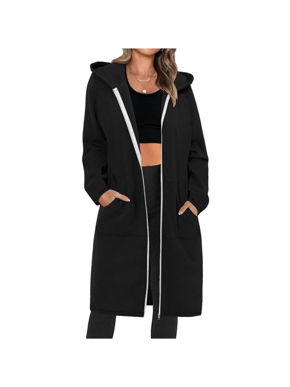 Women Full Zip Up Hoodie, Women Casual Fleece Long Tunic Sweatshirts with Pockets, Black Plus Size Jacket M