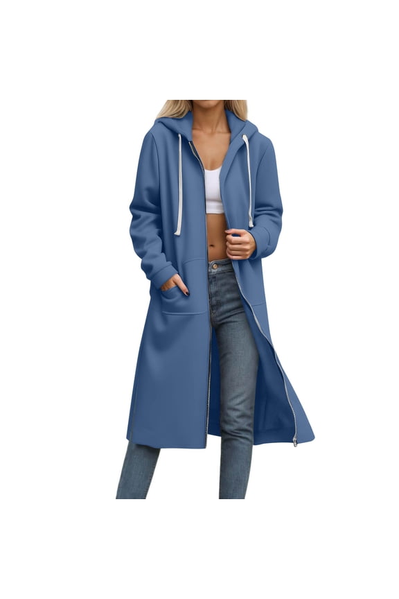 Women Full Zip Up Hoodie, Women Casual Fleece Long Tunic Sweatshirts with Pockets, Blue Plus Size Jacket XXL