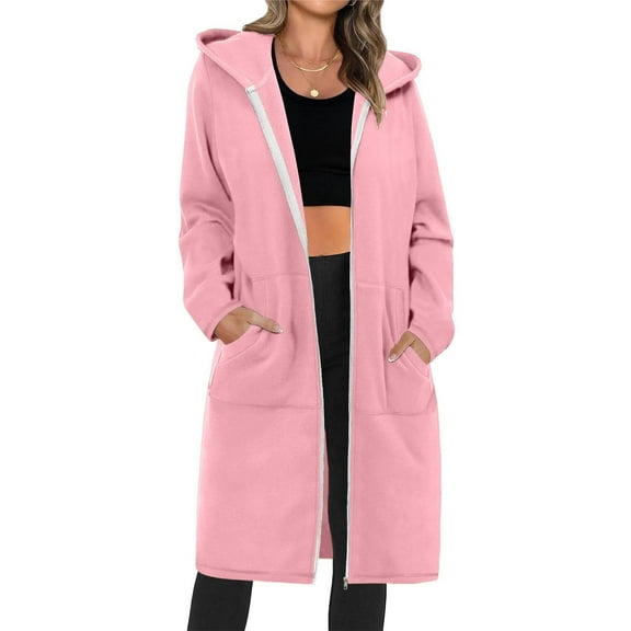 YODETEY Women Full Zip Up Hoodie, Women Casual Fleece Long Tunic Sweatshirts with Pockets, Light Pink Plus Size Jacket XXL